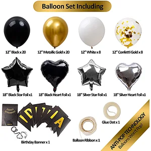 Happy Birthday Banner Set Swallowtail Flag Gold Black White Confetti Balloon For Birthday Party Decoration