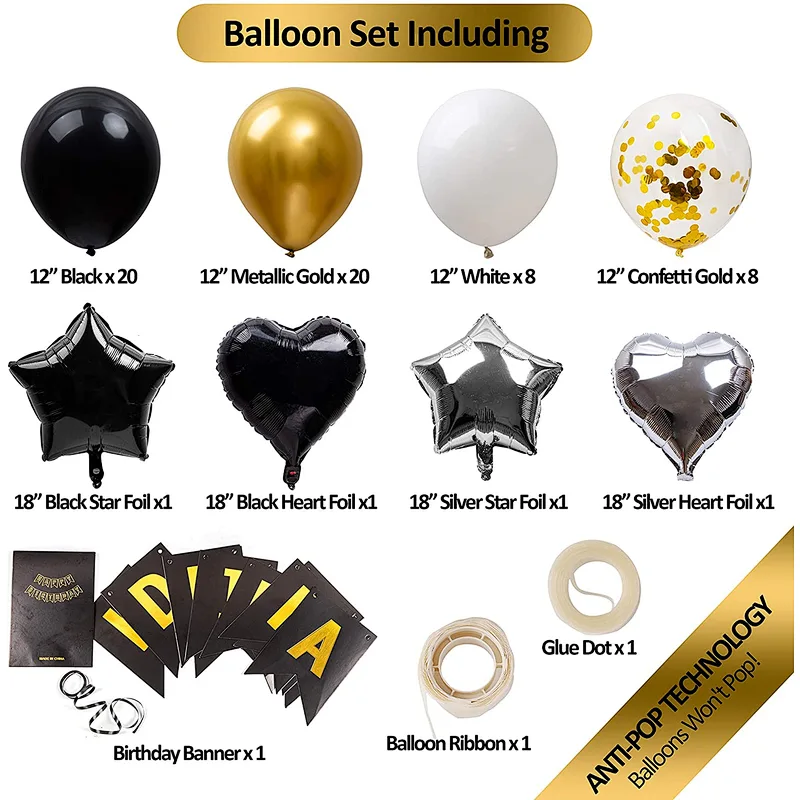 Happy Birthday Banner Set Swallowtail Flag Gold Black White Confetti Balloon For Birthday Party Decoration