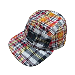 custom Checkered cloth 5-panel hat cap with woven patch