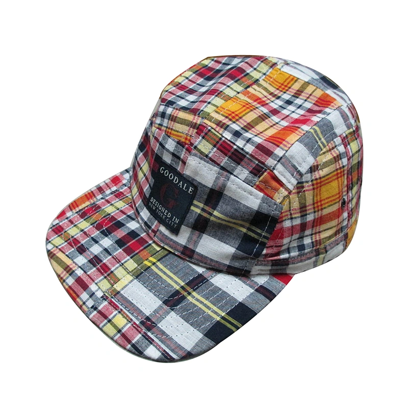 custom Checkered cloth 5-panel hat cap with woven patch