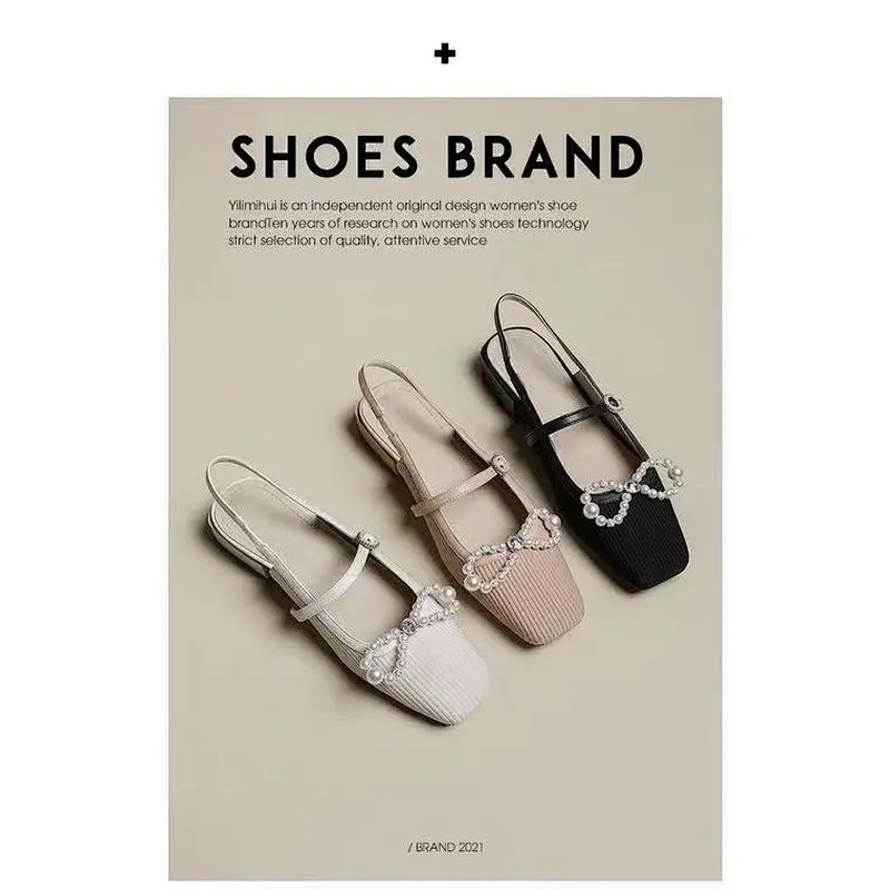 Fairy wind Pearl Square Head retro Mary Jane shoes women's low heel shallow mouth flat sole shoes thick heel gentle wind evening shoes