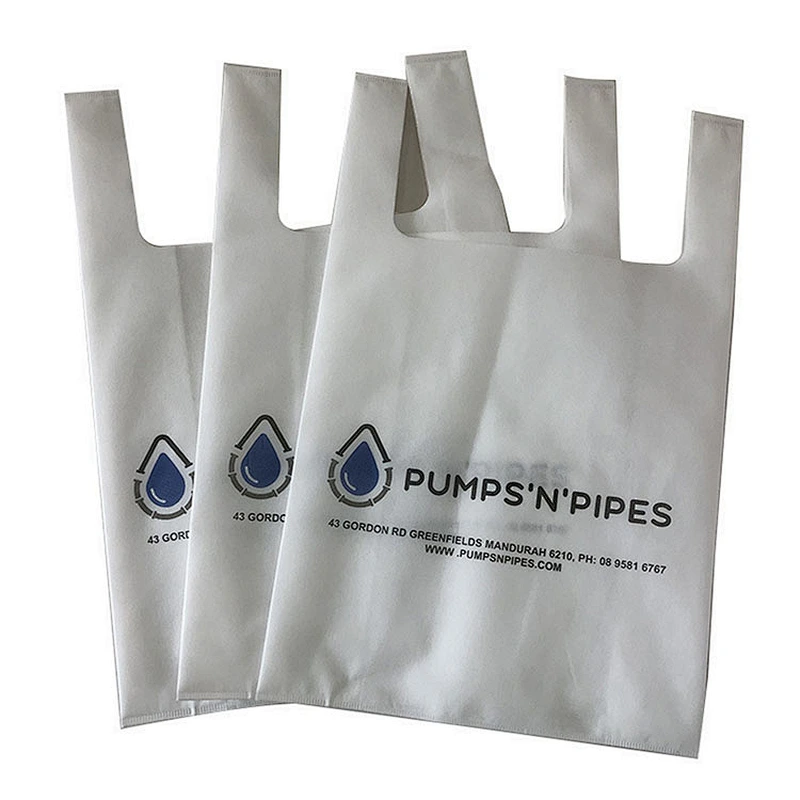 White 40 gsm eco friendly laminated U cut non woven grocery bags with logo