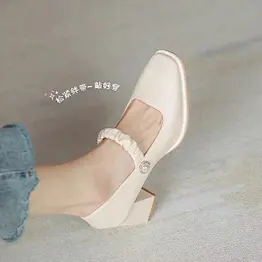 Fairy wind Pearl Square Head retro Mary Jane shoes women's low heel shallow mouth flat sole shoes thick heel gentle wind evening shoes