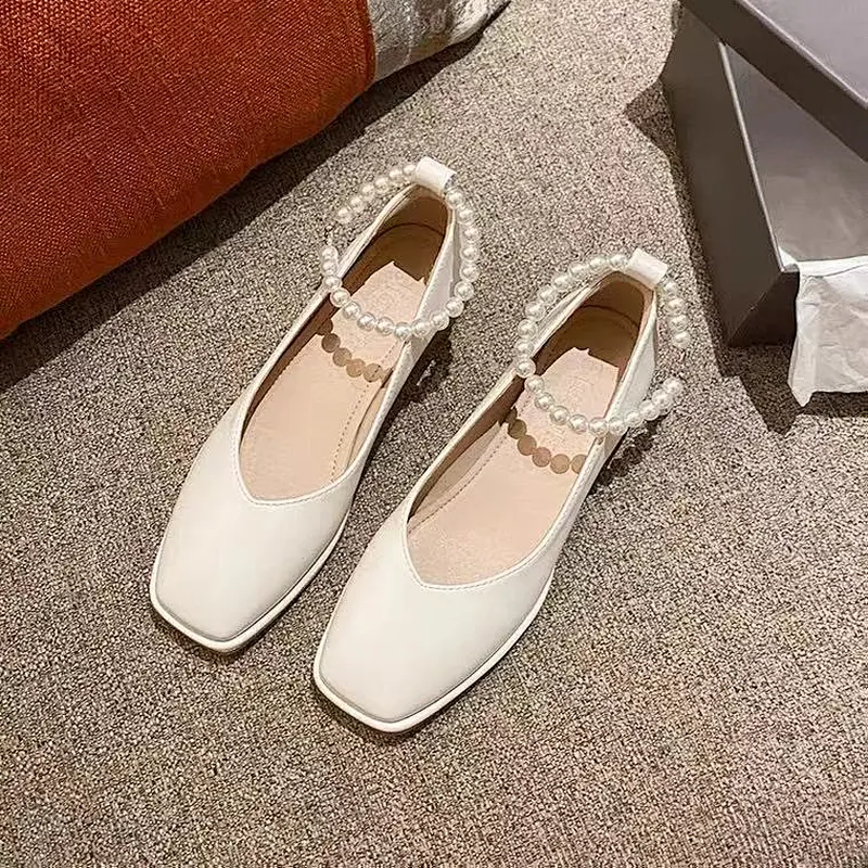 Fairy wind Pearl Square Head retro Mary Jane shoes women's low heel shallow mouth flat sole shoes thick heel gentle wind evening shoes