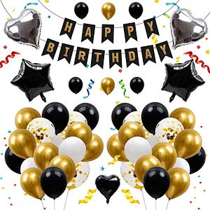 Happy Birthday Banner Set Swallowtail Flag Gold Black White Confetti Balloon For Birthday Party Decoration