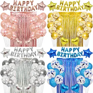Birthday Party Supplies Happy Birthday Banner Star Heart Foil Balloons With Rain Curtain Rose Gold Blue Gold Birthday Party Decoration set
