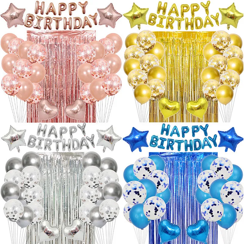 Birthday Party Supplies Happy Birthday Banner Star Heart Foil Balloons With Rain Curtain Rose Gold Blue Gold Birthday Party Decoration set