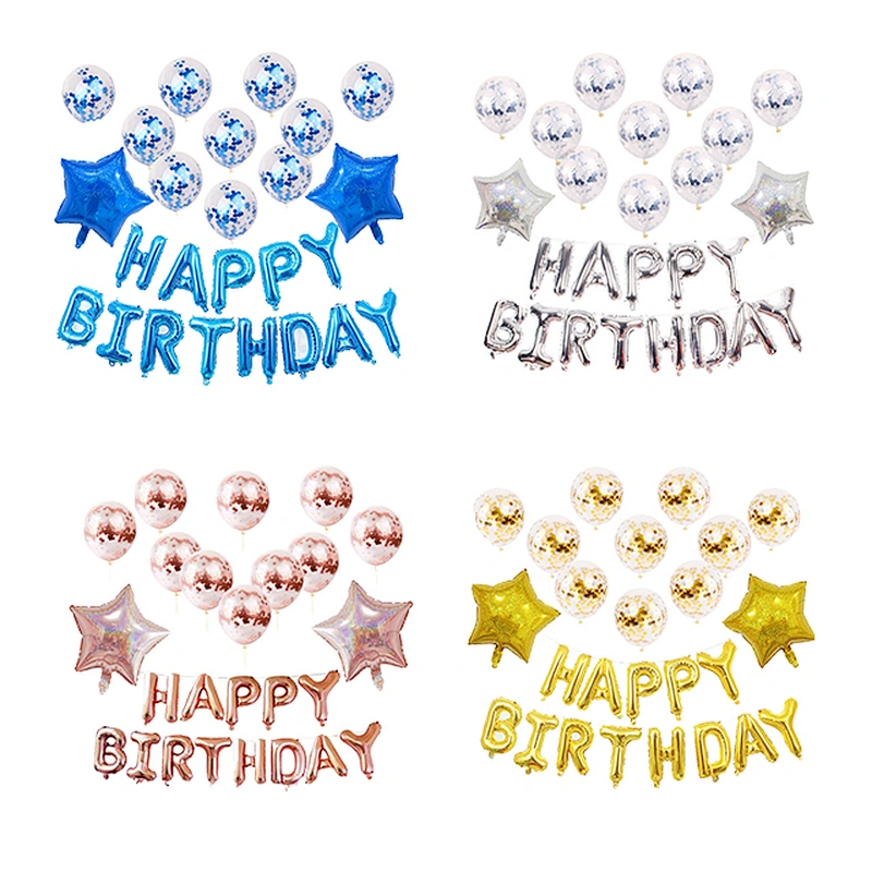 16Inch Happy Birthday Foil Set With Confetti Latex Balloon Laser Aluminum Film Star For Girls Boys Gift Birthday Party Decorations Set