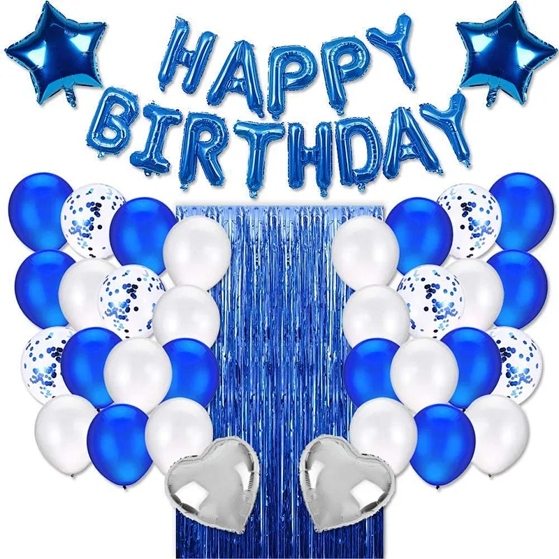Birthday Party Supplies Happy Birthday Banner Star Heart Foil Balloons With Rain Curtain Rose Gold Blue Gold Birthday Party Decoration set