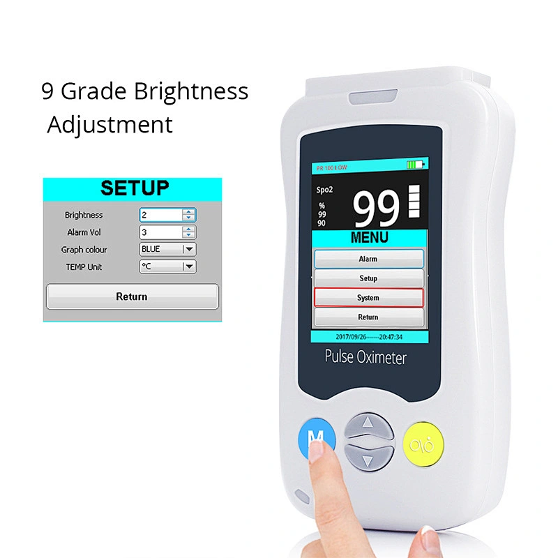Hand-held pulse oximeter for adults, children and newborns with finger clip pulse oximetry monitor