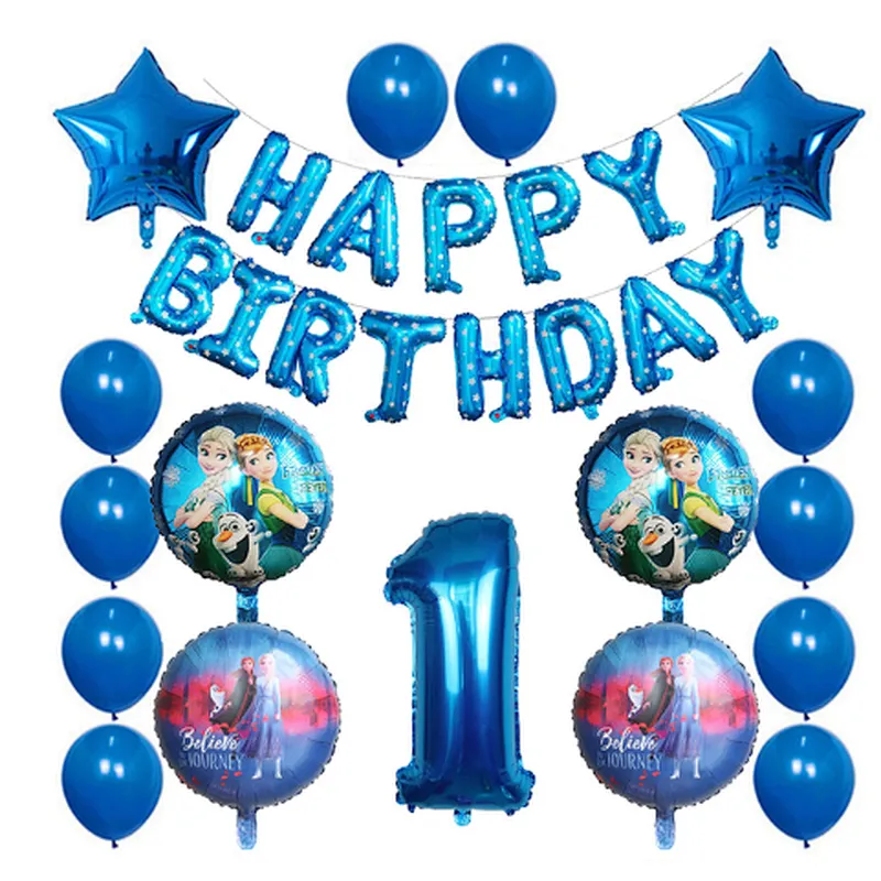 Elsa Disney Frozen Princess Blue Balloon Set Happy Birthday Letter Banner Number Foil Balloon And Latex Balloon Aluminum Film Globos For Children Birthday Party Decorations