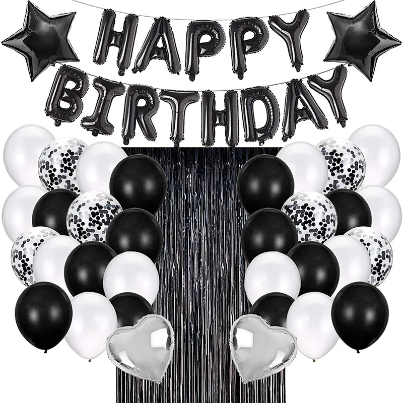 Birthday Party Supplies Happy Birthday Banner Star Heart Foil Balloons With Rain Curtain Rose Gold Blue Gold Birthday Party Decoration set