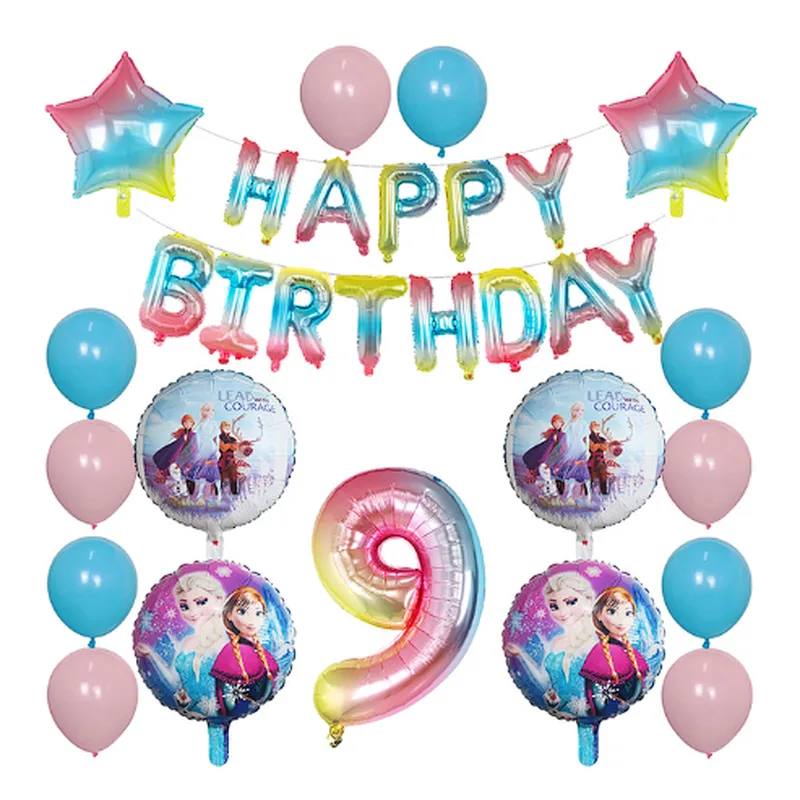 Elsa Disney Frozen Princess Blue Balloon Set Happy Birthday Letter Banner Number Foil Balloon And Latex Balloon Aluminum Film Globos For Children Birthday Party Decorations
