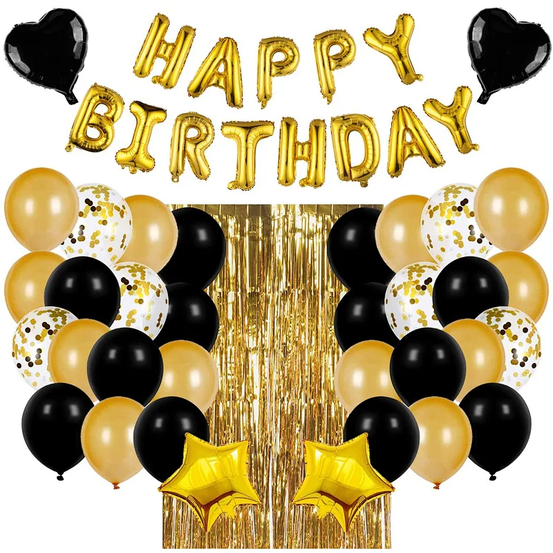 Birthday Party Supplies Happy Birthday Banner Star Heart Foil Balloons With Rain Curtain Rose Gold Blue Gold Birthday Party Decoration set
