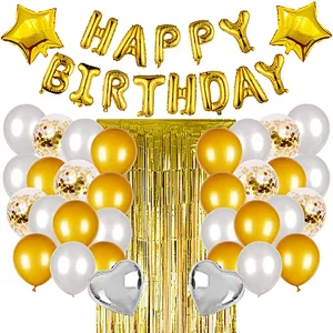 Birthday Party Supplies Happy Birthday Banner Star Heart Foil Balloons With Rain Curtain Rose Gold Blue Gold Birthday Party Decoration set