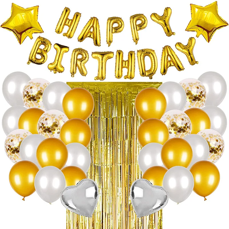 Birthday Party Supplies Happy Birthday Banner Star Heart Foil Balloons With Rain Curtain Rose Gold Blue Gold Birthday Party Decoration set