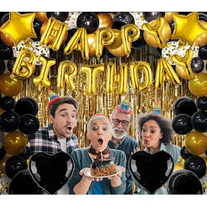 Birthday Party Supplies Happy Birthday Banner Star Heart Foil Balloons With Rain Curtain Rose Gold Blue Gold Birthday Party Decoration set