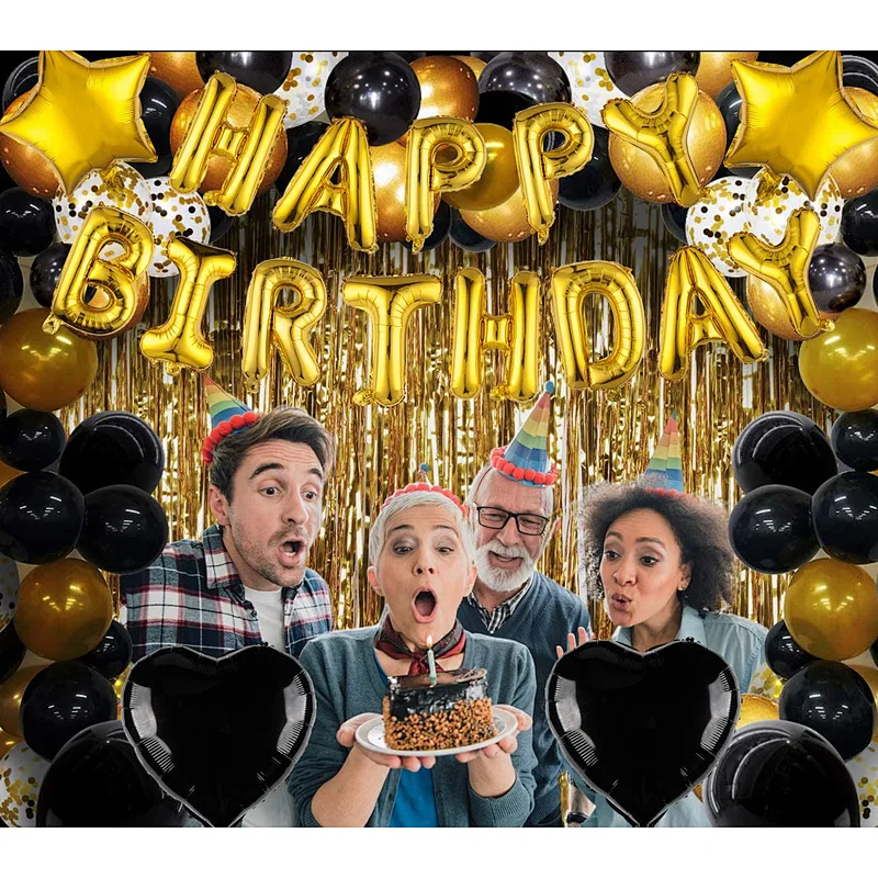 Birthday Party Supplies Happy Birthday Banner Star Heart Foil Balloons With Rain Curtain Rose Gold Blue Gold Birthday Party Decoration set