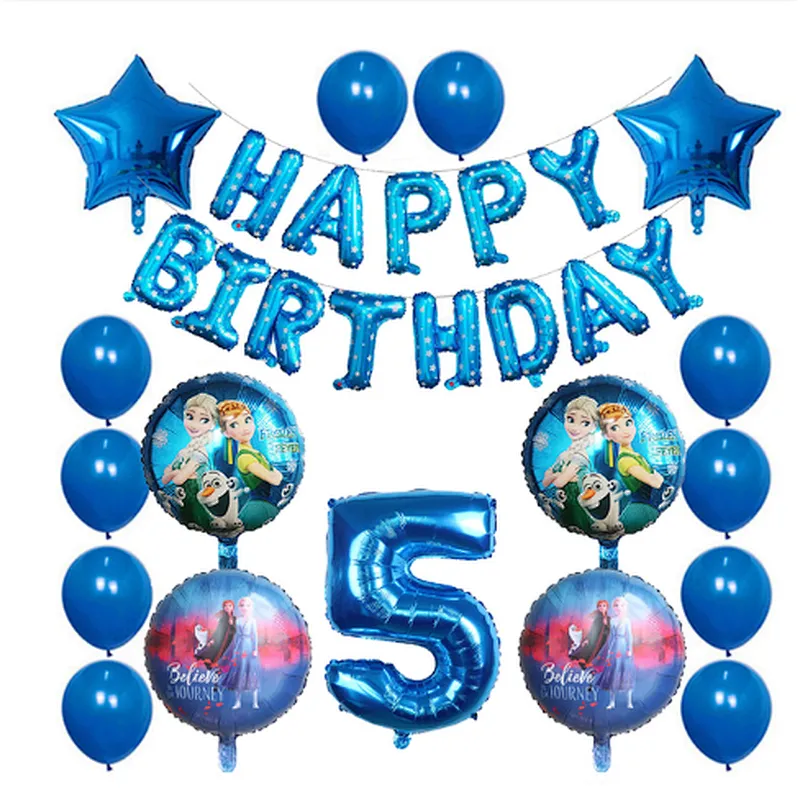 Elsa Disney Frozen Princess Blue Balloon Set Happy Birthday Letter Banner Number Foil Balloon And Latex Balloon Aluminum Film Globos For Children Birthday Party Decorations