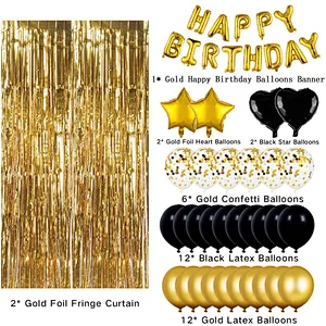 Birthday Party Supplies Happy Birthday Banner Star Heart Foil Balloons With Rain Curtain Rose Gold Blue Gold Birthday Party Decoration set