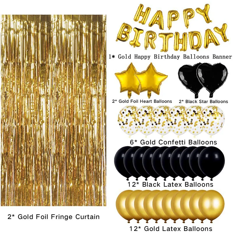 Birthday Party Supplies Happy Birthday Banner Star Heart Foil Balloons With Rain Curtain Rose Gold Blue Gold Birthday Party Decoration set