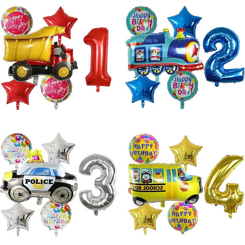 6 Pcs Cartoon Auto Balloon Fire Truck Engineering Vehicle Foil Balloon Ambulance For Kids Birthday Party Decoration
