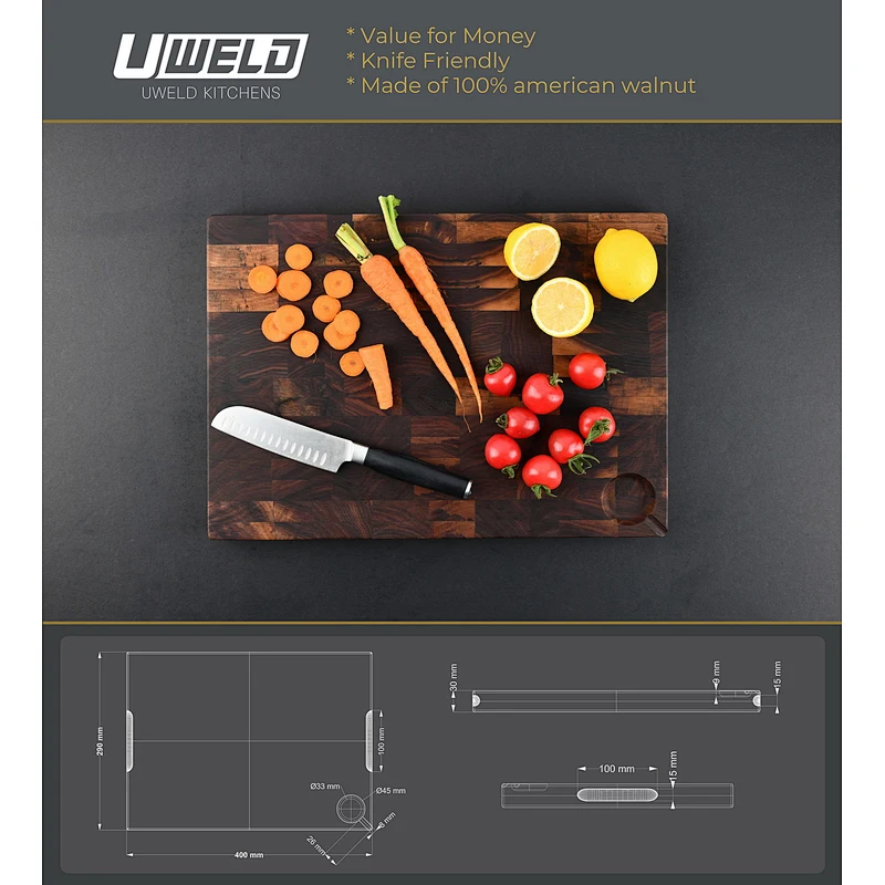 UWELD Walnut End Grain Cutting Board Reversible Chopping Board for Kitchen 16x11.5x1.2