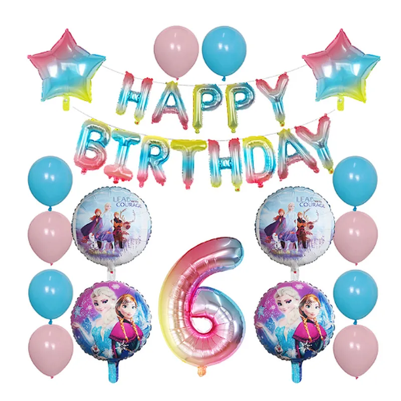 Elsa Disney Frozen Princess Blue Balloon Set Happy Birthday Letter Banner Number Foil Balloon And Latex Balloon Aluminum Film Globos For Children Birthday Party Decorations