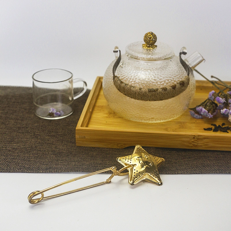 Stainless steel titanium gold plating star shape tea infuser tea strainer with clamping handle