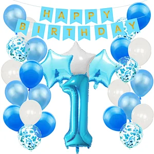 Blue Baby Shower Birthday Party Decoration Supplies Set Happy Birthday Paper Backdrop Banner Number 1/2/3/4/5/6/30 Foil Balloons