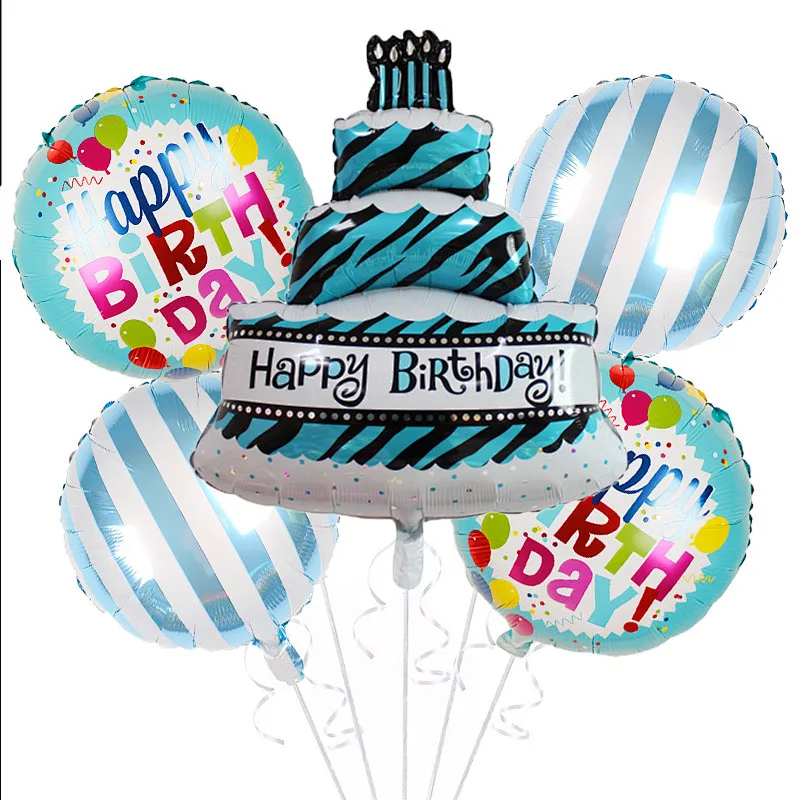 Hot selling 5pcs birthday cake foil balloons bouquet with ribbons helium globes for happy birthday kids party decoration
