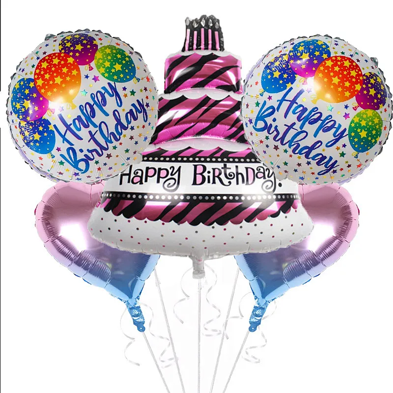 Hot selling 5pcs birthday cake foil balloons bouquet with ribbons helium globes for happy birthday kids party decoration
