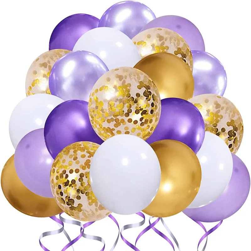 50pcs 12 inch Purple Gold Confetti Latex Balloons Bouquet for Birthday Wedding Baby Shower Celebration Party Decorations Globos