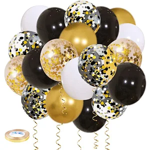 Black Gold Confetti Latex Balloons Bouquet 50pcs 12 Inch Globos for Graduation Birthday Wedding Party Decorations