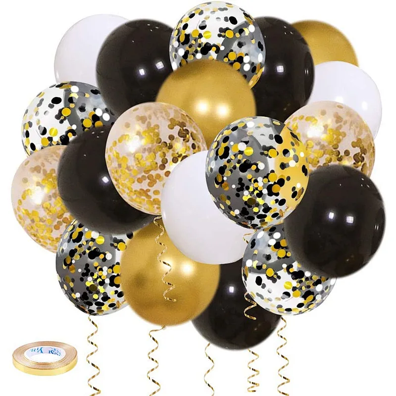 Black Gold Confetti Latex Balloons Bouquet 50pcs 12 Inch Globos for Graduation Birthday Wedding Party Decorations