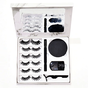 7Pairs Synthetic Eyelash Thick Marbling Box 25MM Faux Mink Eyelashes Liquid Eyeliner Pen 20MM Eyelashes Lash Kit