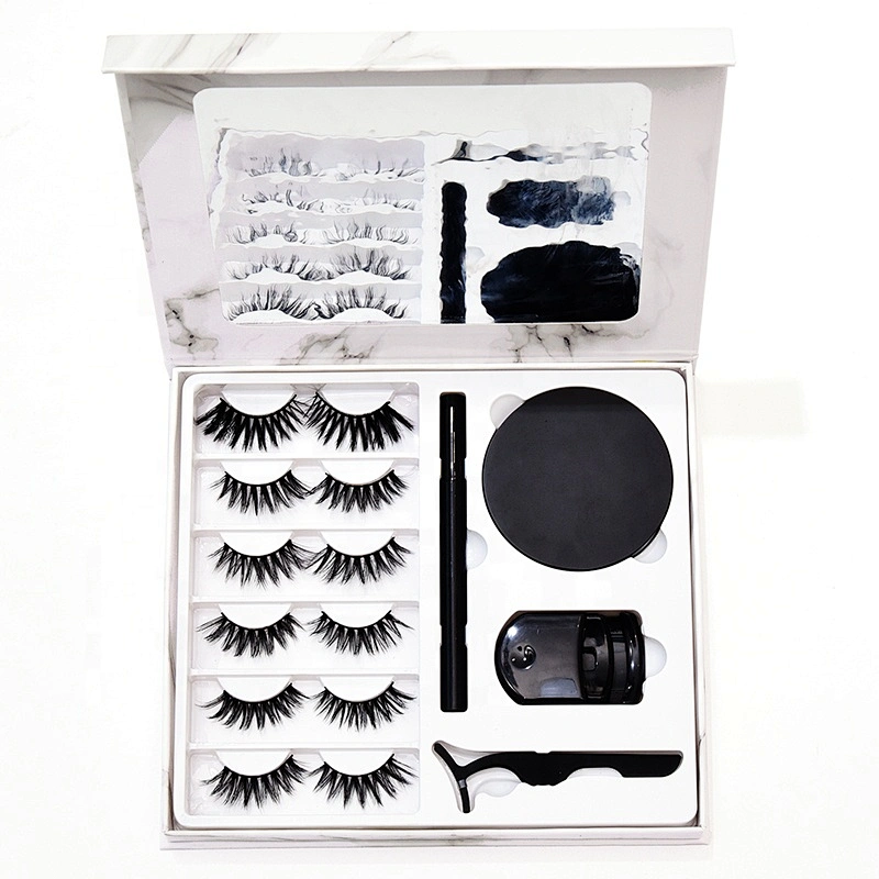 7Pairs Synthetic Eyelash Thick Marbling Box 25MM Faux Mink Eyelashes Liquid Eyeliner Pen 20MM Eyelashes Lash Kit