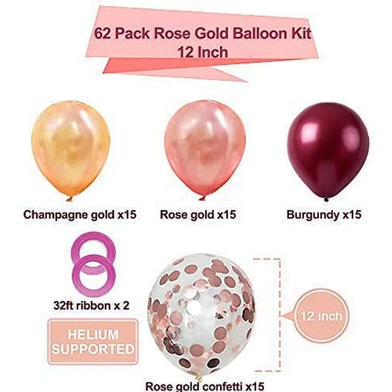 62pcs 12inch Rose Gold Confetti Latex Balloons Bouquet Garland Kit for Wedding Birthday Girl Party Background Decorations Globos
