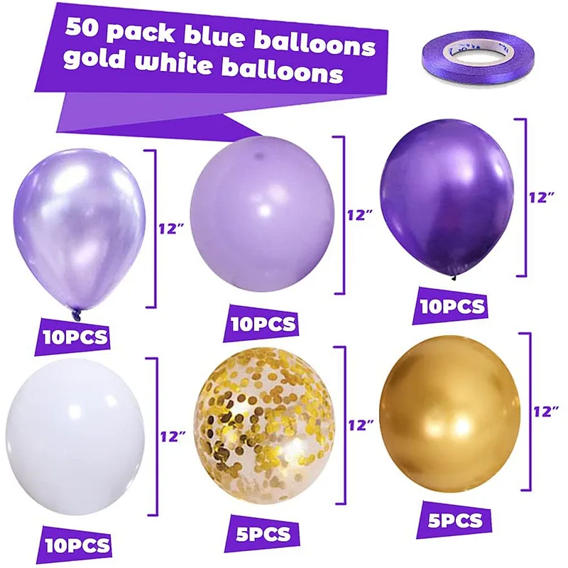 50pcs 12 inch Purple Gold Confetti Latex Balloons Bouquet for Birthday Wedding Baby Shower Celebration Party Decorations Globos
