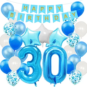 Blue Baby Shower Birthday Party Decoration Supplies Set Happy Birthday Paper Backdrop Banner Number 1/2/3/4/5/6/30 Foil Balloons