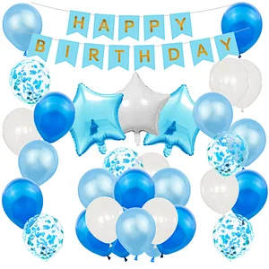 Blue Baby Shower Birthday Party Decoration Supplies Set Happy Birthday Paper Backdrop Banner Number 1/2/3/4/5/6/30 Foil Balloons