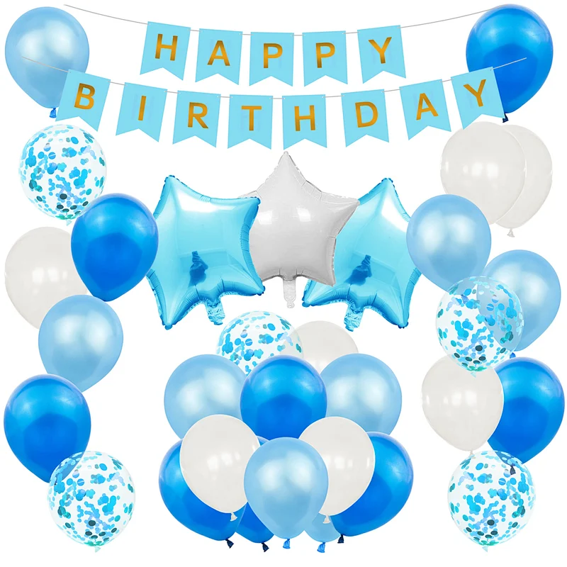 Blue Baby Shower Birthday Party Decoration Supplies Set Happy Birthday Paper Backdrop Banner Number 1/2/3/4/5/6/30 Foil Balloons