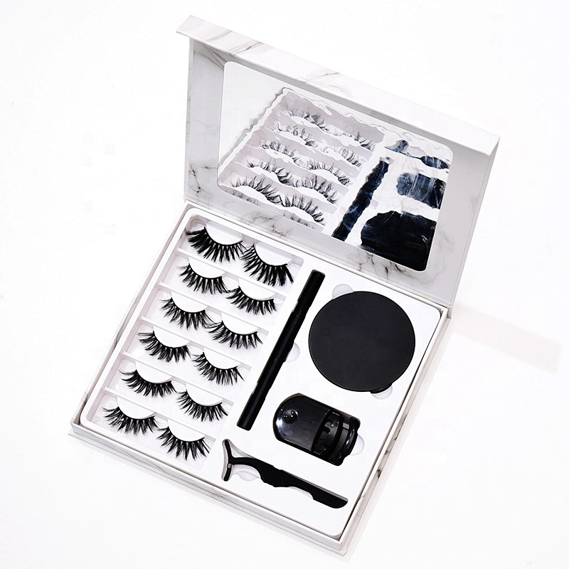 7Pairs Synthetic Eyelash Thick Marbling Box 25MM Faux Mink Eyelashes Liquid Eyeliner Pen 20MM Eyelashes Lash Kit