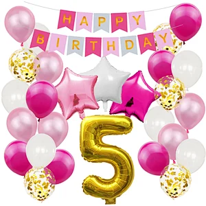 Pink Baby Shower Birthday Party Decoration Supplies Set Happy Birthday Paper Backdrop Banner Number 1/2/3/4/5/6/18 Foil Balloons