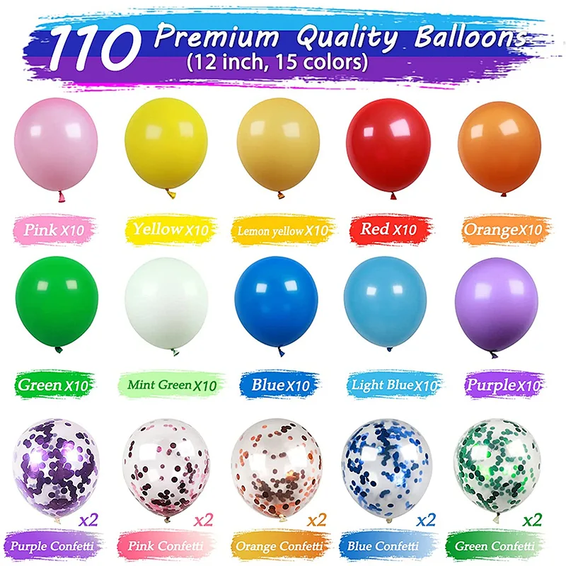 110pcs Rainbow Confetti Balloons Arch Kit Colorful Garland for Birthday Circus Fiesta Wedding Baby Shower Party Decorations