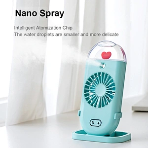 Cartoon Style Fan With Ambient Light Household Handheld Spray Fan Moisturizing And Humidifying Small Fan