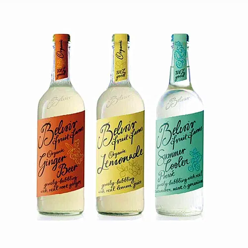 Different sizes round shape glass juice bottle have cork and label
