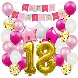 Pink Baby Shower Birthday Party Decoration Supplies Set Happy Birthday Paper Backdrop Banner Number 1/2/3/4/5/6/18 Foil Balloons