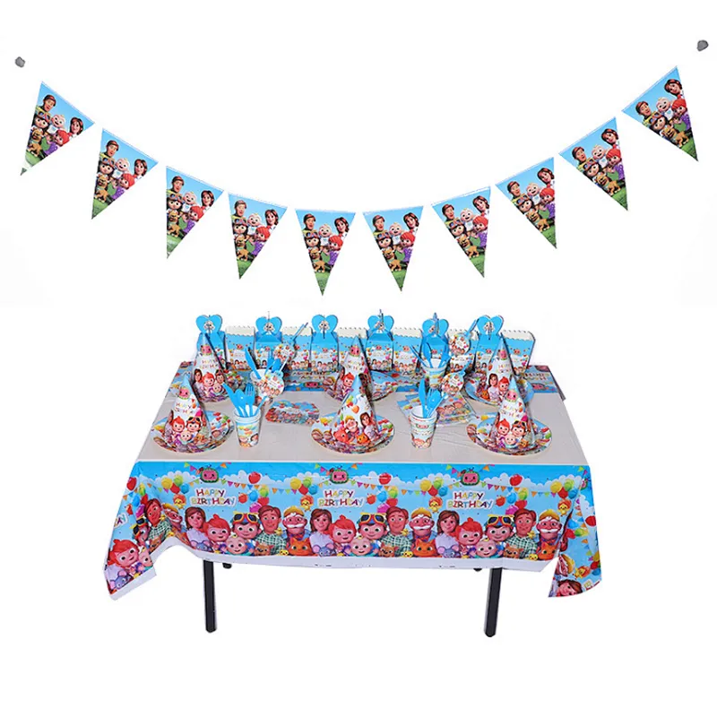Hot sale Cocomelon birthday party supplies disposable tableware plate cup cake copper table cover
