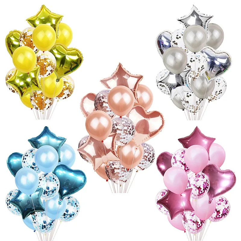 13PCS Confetti Sequin Latex Balloon Set Birthday Party Wedding Decoration Globos Silver Heart Star shape Foil Helium Balloon